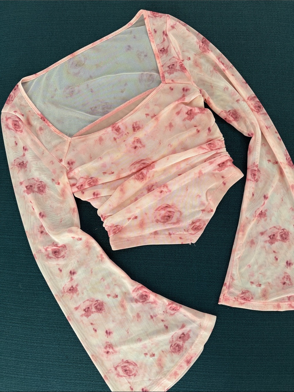 Pink Floral Ruched Mesh Long-Sleeve Crop Top